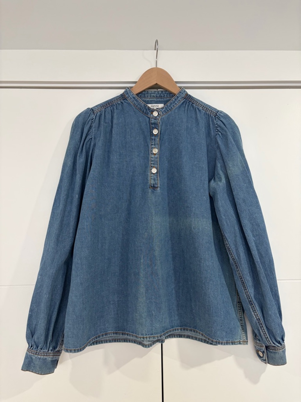 GANNI chambray Denim Top with button closure at top and cuffs, size 38